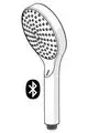 Helle Handbrause von HANSA mit runder, perforierter Oberseite und integrierter Bluetooth-Funktion, für einfache Steuerung und Nutzung. Anschlussgewinde an der Unterseite sichtbar.
